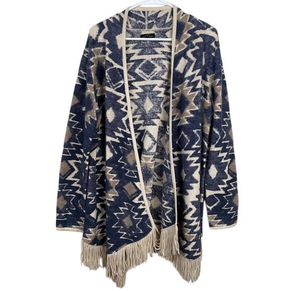 Lucky Brand Brown Navy Aztec/Western Fringed Long Sleeved Wrap - Picture 1 of 7